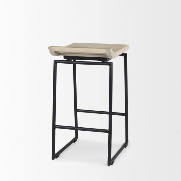 Mercana Givens Stylish Stool with Contoured Wooden Seat and Antiqued Gold Base for Modern Interiors Natural Wood | Black Metal | Counter 69556