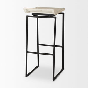 Mercana Givens Stylish Stool with Contoured Wooden Seat and Antiqued Gold Base for Modern Interiors Natural Wood | Black Metal | Bar 69557