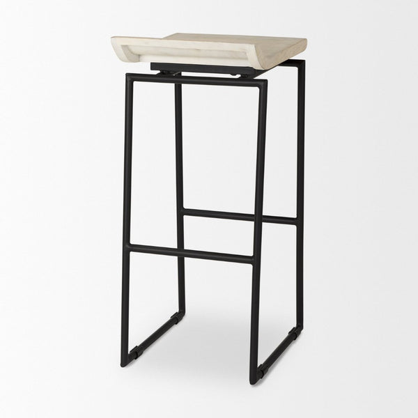 Mercana Givens Stylish Stool with Contoured Wooden Seat and Antiqued Gold Base for Modern Interiors Natural Wood | Black Metal | Bar 69557