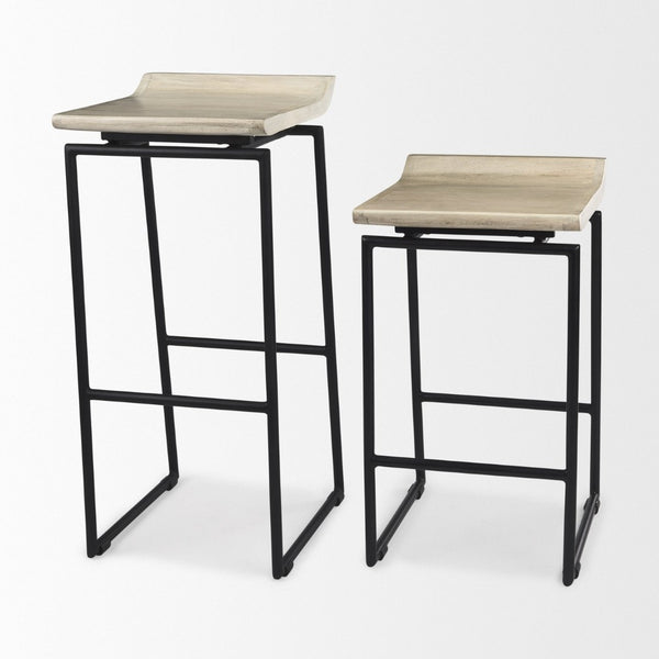 Mercana Givens Stylish Stool with Contoured Wooden Seat and Antiqued Gold Base for Modern Interiors Natural Wood | Black Metal | Bar 69557