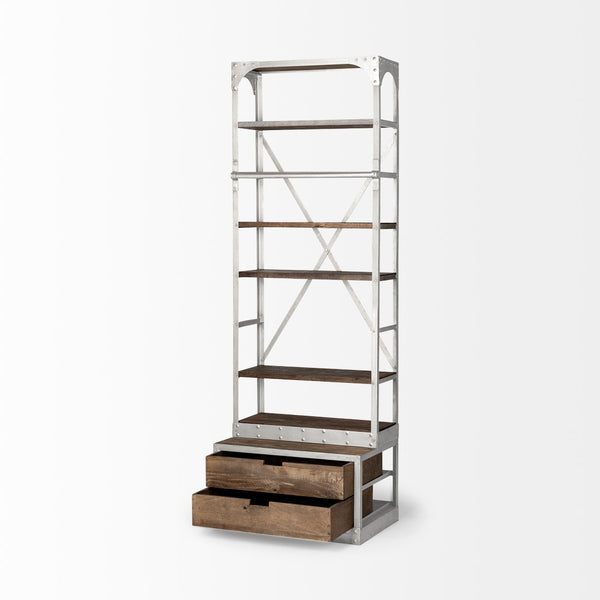 Mercana Brodie II Industrial Four-Shelf Shelving Unit with Sliding Ladder for Stylish Home Storage Solutions Medium Brown Wood | Silver Metal | 32L 50324-AB