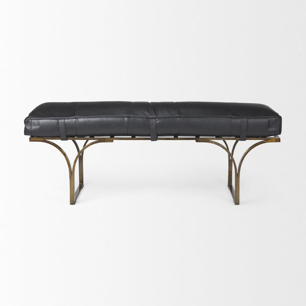 Mercana Jessie Accent Bench: Luxurious Leather Upholstery with Sturdy Metal Base for Modern Living Spaces Black Leather | Gold Metal 69061
