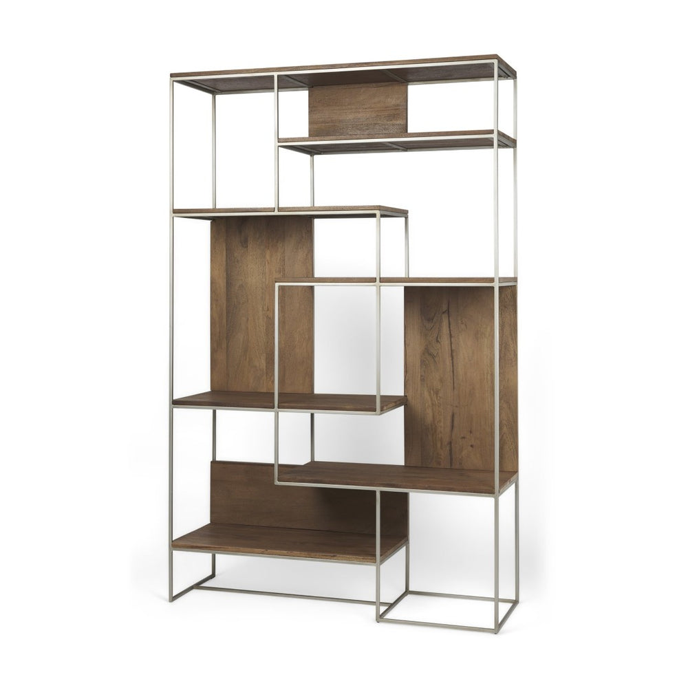 Mercana Morris 6-Shelf Shelving Unit - Modern Wood and Metal Design for Stylish Storage and Display Solutions Brown Wood | Silver Metal 69104