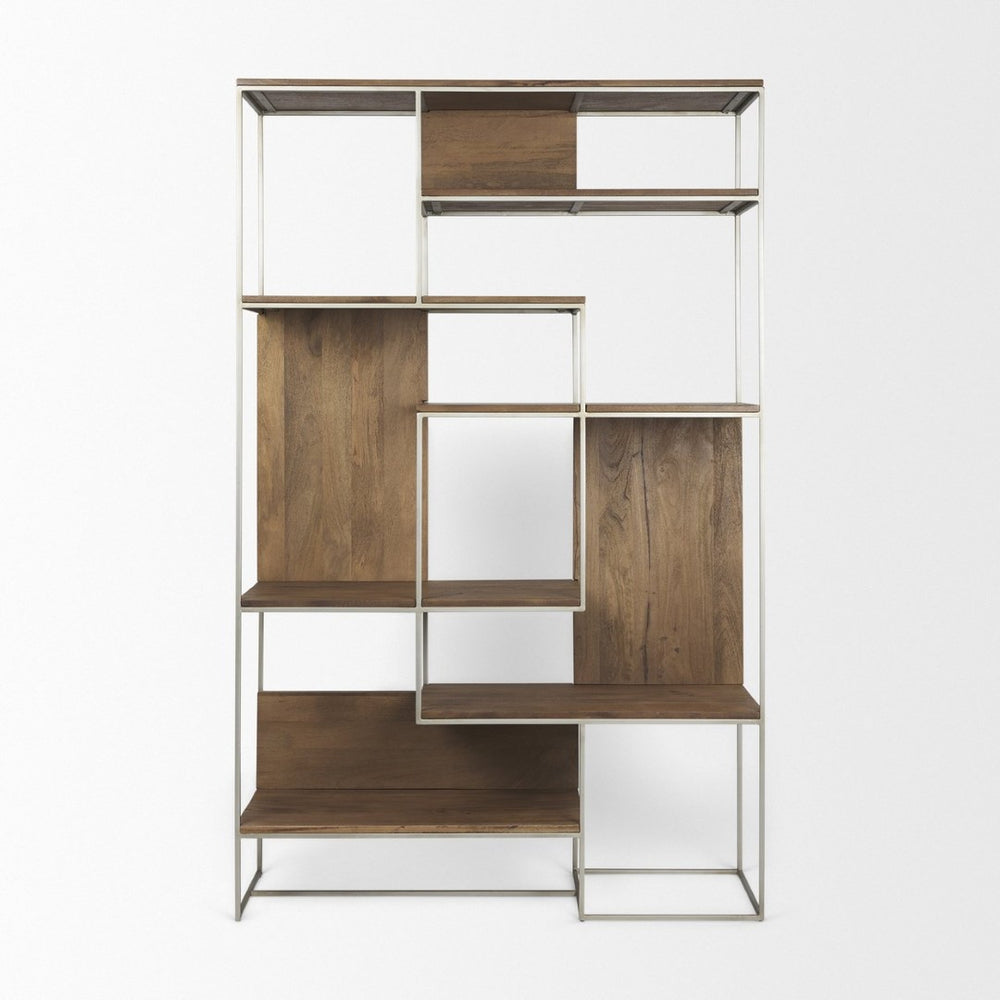 Mercana Morris 6-Shelf Shelving Unit - Modern Wood and Metal Design for Stylish Storage and Display Solutions Brown Wood | Silver Metal 69104
