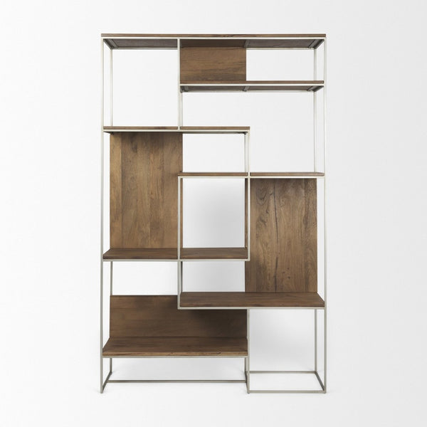 Mercana Morris 6-Shelf Shelving Unit - Modern Wood and Metal Design for Stylish Storage and Display Solutions Brown Wood | Silver Metal 69104