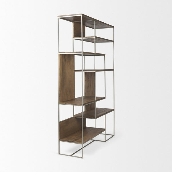 Mercana Morris 6-Shelf Shelving Unit - Modern Wood and Metal Design for Stylish Storage and Display Solutions Brown Wood | Silver Metal 69104