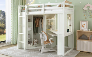 English Elm Twin Loft Bed with Wardrobe Desk Charging Station and Spotlights for Small Rooms Beige White LT000450AAK