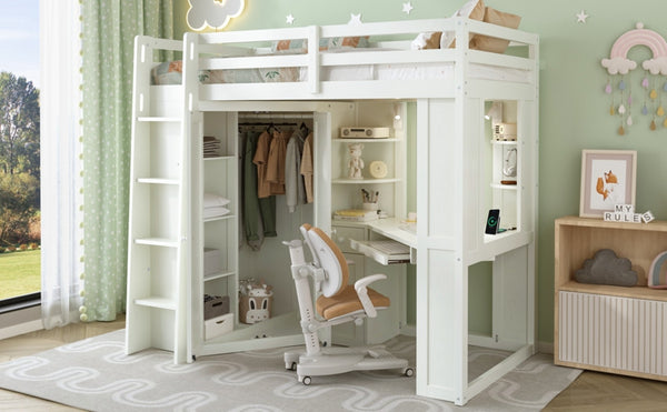 English Elm Twin Loft Bed with Wardrobe Desk Charging Station and Spotlights for Small Rooms Beige White LT000450AAK