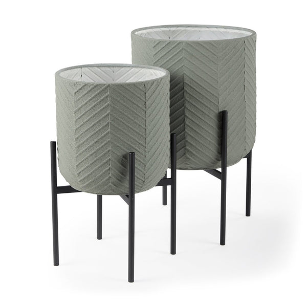 Mercana Mabel Elegant Metal Plant Stands with Black Iron Base for Stylish Indoor Greenery Display Green Metal | Set of 2 70053