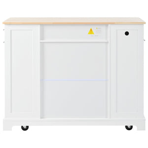 English Elm K&k Rolling Kitchen Island Rubber Wood Top Fluted Cabinet Built-in Charging Station White N707S221571W