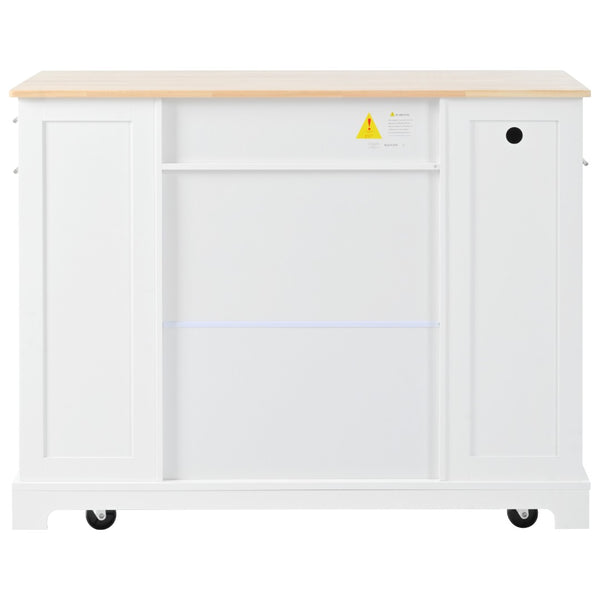 English Elm K&k Rolling Kitchen Island Rubber Wood Top Fluted Cabinet Built-in Charging Station White N707S221571W