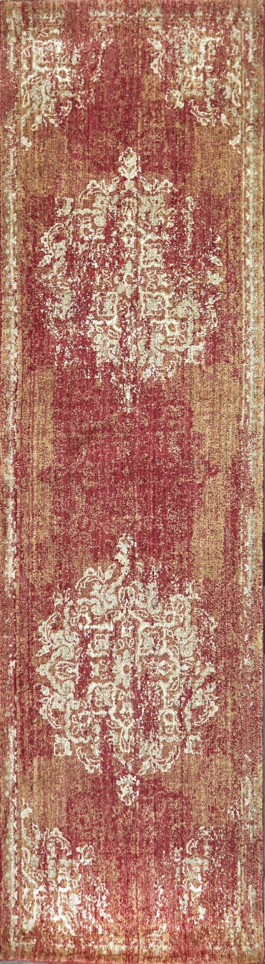 Alora Decor Euphoria Hand-Finished Red Runner Rug In New Zealand Wool — Distressed Medallion, Durable Comfort 2'6" x 8' 00600610300702608