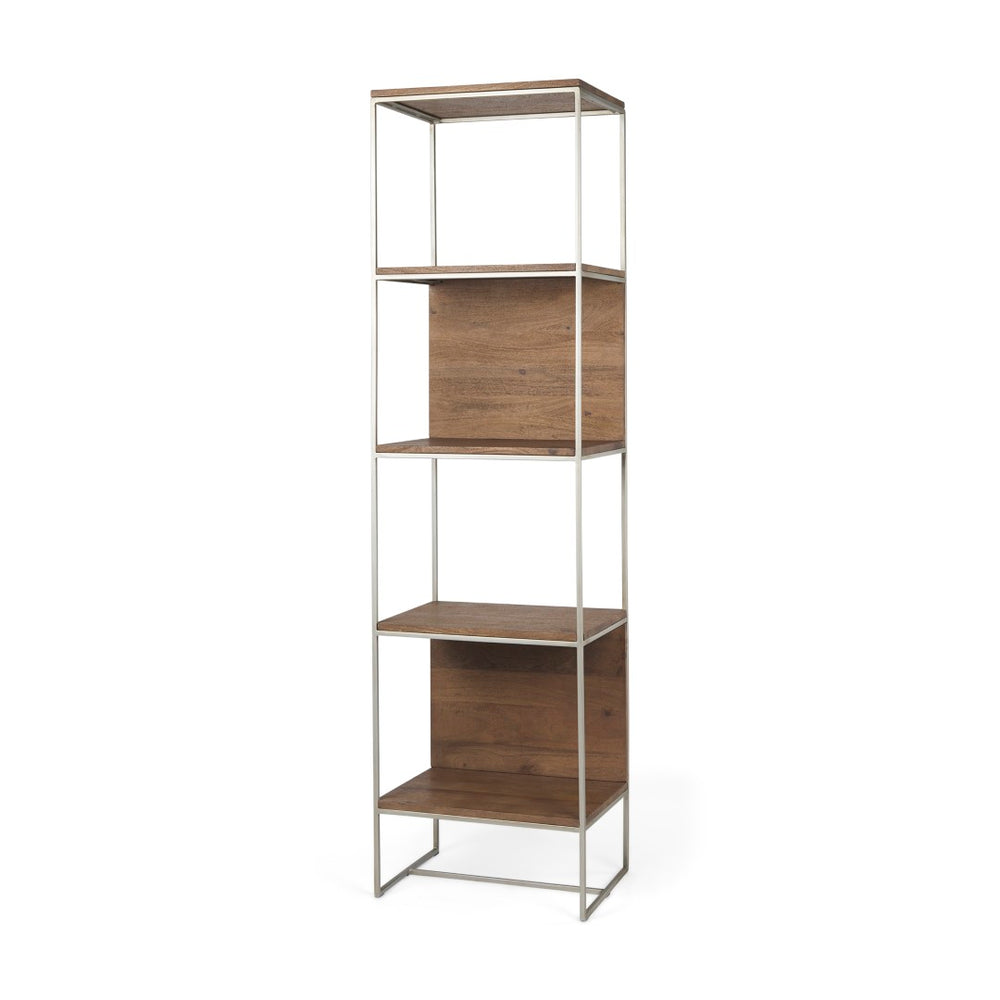 Mercana Morris 4-Shelf Vertical Shelving Unit with Solid Wood and Sleek Metal Frame for Stylish Storage Solutions Brown Wood | Silver Metal 69103