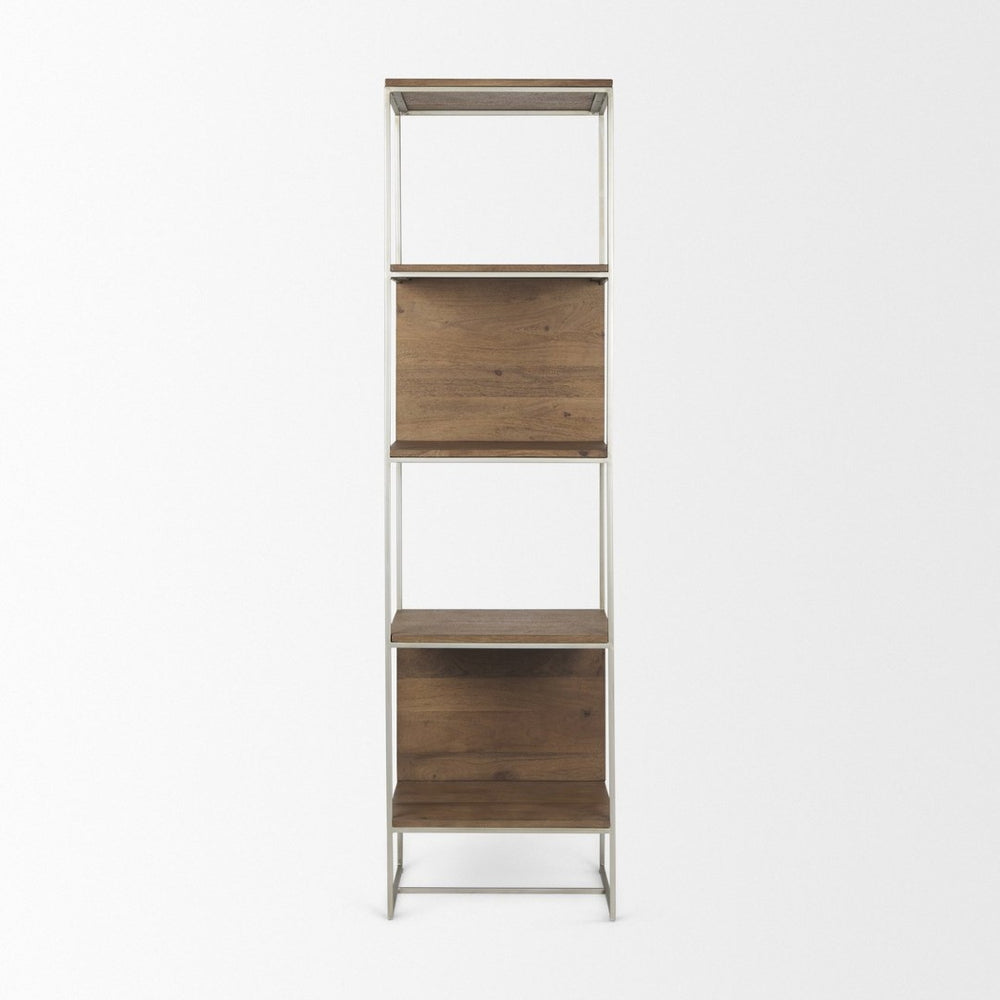 Mercana Morris 4-Shelf Vertical Shelving Unit with Solid Wood and Sleek Metal Frame for Stylish Storage Solutions Brown Wood | Silver Metal 69103