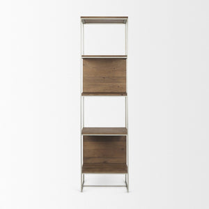 Mercana Morris 4-Shelf Vertical Shelving Unit with Solid Wood and Sleek Metal Frame for Stylish Storage Solutions Brown Wood | Silver Metal 69103