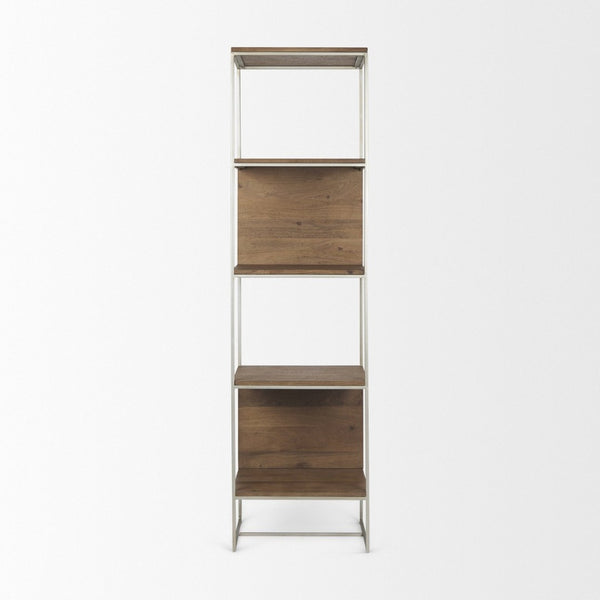 Mercana Morris 4-Shelf Vertical Shelving Unit with Solid Wood and Sleek Metal Frame for Stylish Storage Solutions Brown Wood | Silver Metal 69103