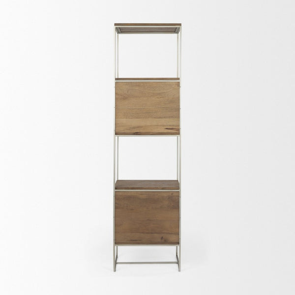 Mercana Morris 4-Shelf Vertical Shelving Unit with Solid Wood and Sleek Metal Frame for Stylish Storage Solutions Brown Wood | Silver Metal 69103
