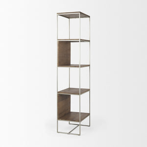 Mercana Morris 4-Shelf Vertical Shelving Unit with Solid Wood and Sleek Metal Frame for Stylish Storage Solutions Brown Wood | Silver Metal 69103