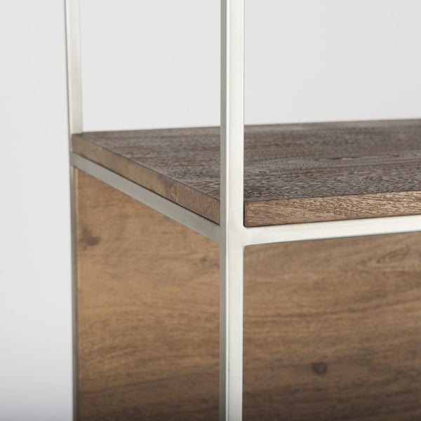 Mercana Morris 4-Shelf Vertical Shelving Unit with Solid Wood and Sleek Metal Frame for Stylish Storage Solutions Brown Wood | Silver Metal 69103