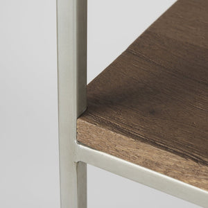 Mercana Morris 4-Shelf Vertical Shelving Unit with Solid Wood and Sleek Metal Frame for Stylish Storage Solutions Brown Wood | Silver Metal 69103