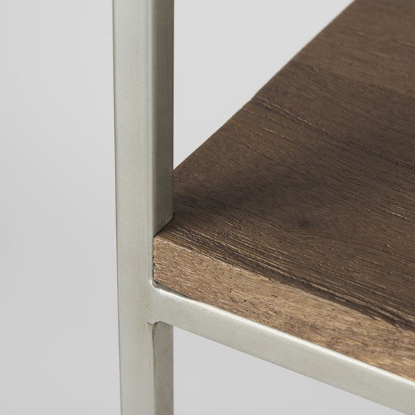 Mercana Morris 4-Shelf Vertical Shelving Unit with Solid Wood and Sleek Metal Frame for Stylish Storage Solutions Brown Wood | Silver Metal 69103