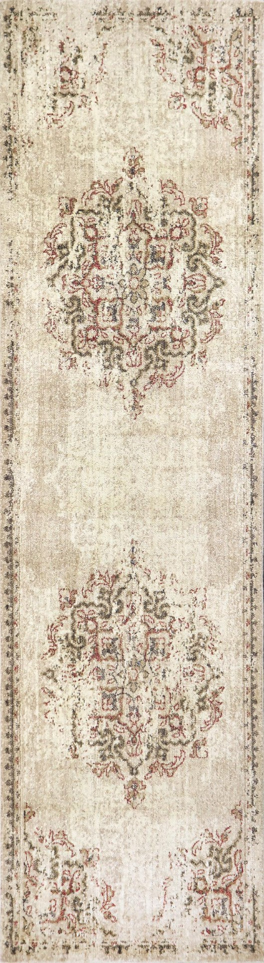 Alora Decor Euphoria Vintage-Inspired Beige Runner Rug In New Zealand Wool — Distressed Medallion, Durable Elegance 2'6" x 8' 00600610400042608