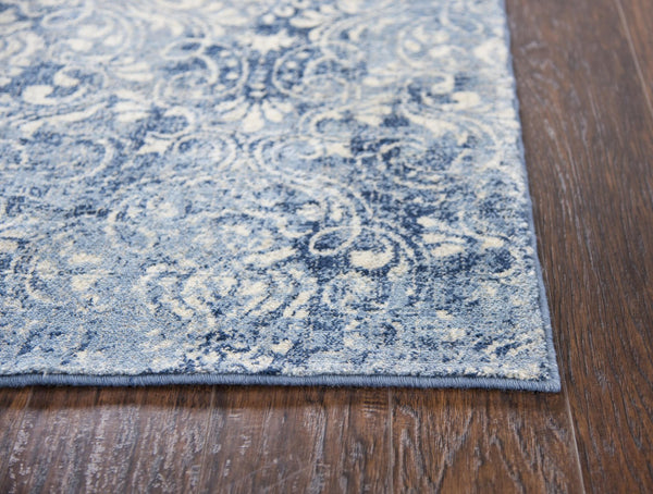 Alora Decor Euphoria Blue Runner Rug - Transitional Damask In Distressed Blues & Ivory, 100% Nz Wool Luxury 2'6" x 8' 00600612000522608