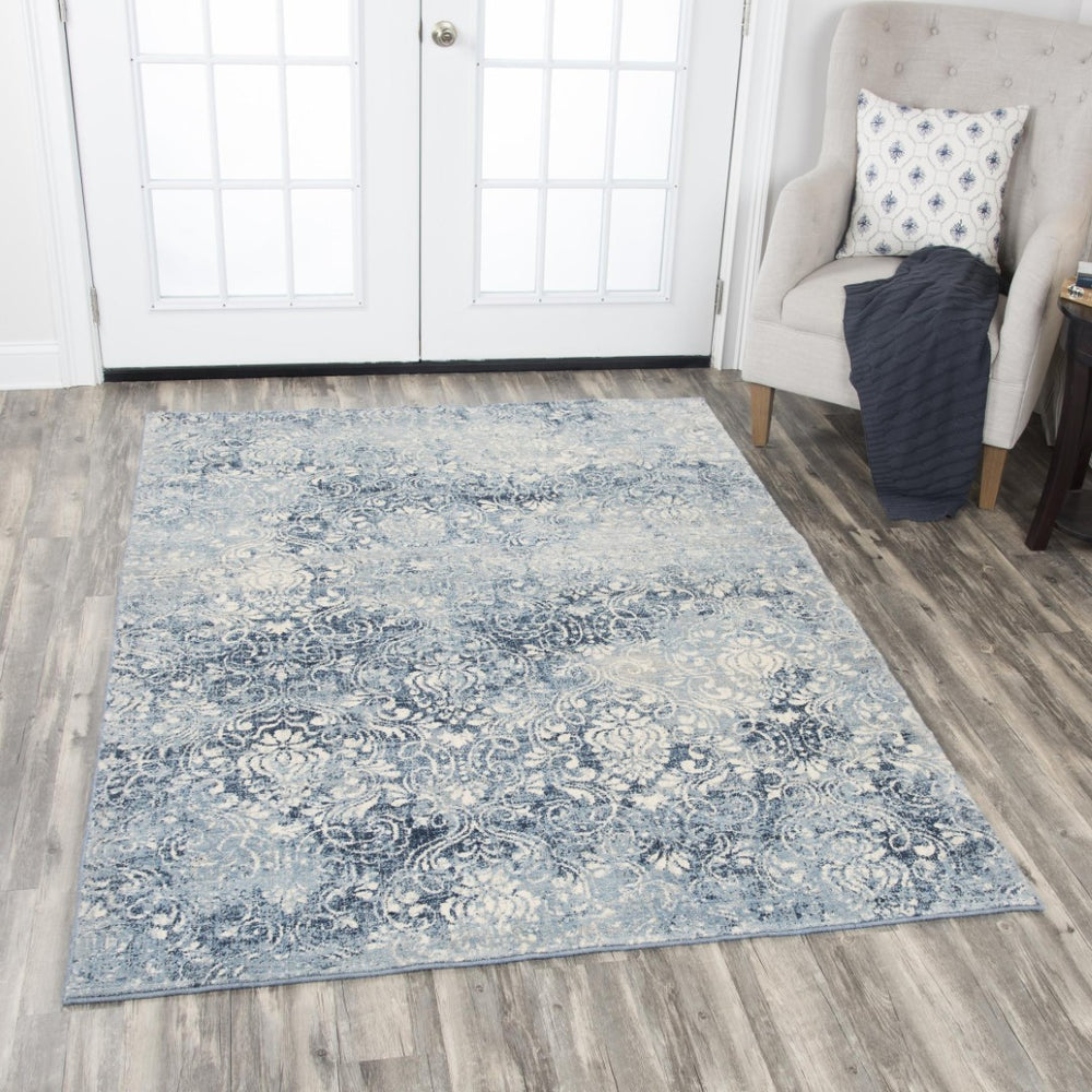 Alora Decor Euphoria Blue Runner Rug - Transitional Damask In Distressed Blues & Ivory, 100% Nz Wool Luxury 2'6" x 8' 00600612000522608