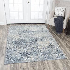 Alora Decor Euphoria Blue Runner Rug - Transitional Damask In Distressed Blues & Ivory, 100% Nz Wool Luxury 2'6" x 8' 00600612000522608