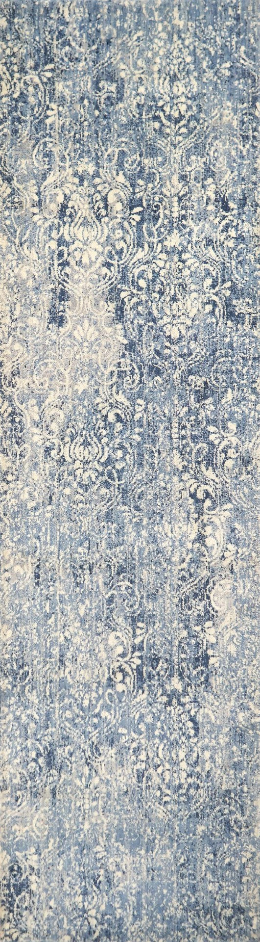 Alora Decor Euphoria Blue Runner Rug - Transitional Damask In Distressed Blues & Ivory, 100% Nz Wool Luxury 2'6" x 8' 00600612000522608