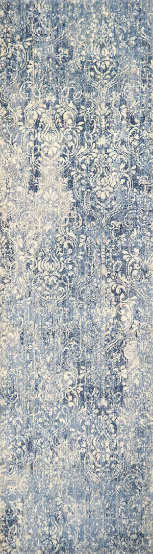 Alora Decor Euphoria Blue Runner Rug - Transitional Damask In Distressed Blues & Ivory, 100% Nz Wool Luxury 2'6" x 8' 00600612000522608