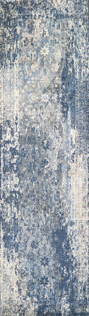 Alora Decor Euphoria Blue Runner Rug With Distressed Floral Motif In Blue Gray White, New Zealand Wool Luxury 2'6" x 8' 00600612100092608