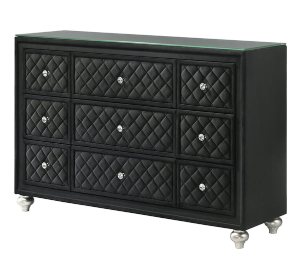 English Elm 1pc Cameo 5-Drawer Chest Velvet Tufted Front with Faux Crystal Knobs Gray Wood Finish, Stylish Storage Black 63 L x 18.1 W x 37.8 H B2741P329290