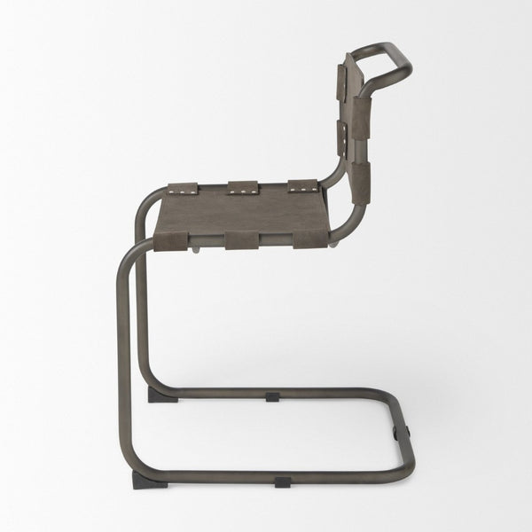 Mercana Berbick Dining Chair – Industrial-Modern Design with Top-Grain Leather & Sturdy Iron Frame, Pre-assembled Brown Seude (Gray Tones)| Black Metal 69275