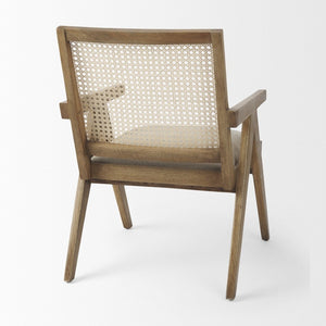 Mercana Donna Elegant Solid Wood Dining Chair with Woven Back and Cushioned Seat for Timeless Style Light Brown Wood | Cane Back | Beige Upholstery 69933