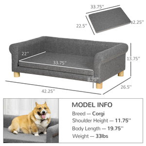English Elm PawHut Modern Pet Sofa Bed for Medium-Large Dogs & Cats, Elevated Wood Frame, Removable Cushion, Dark Gray W2225P229579