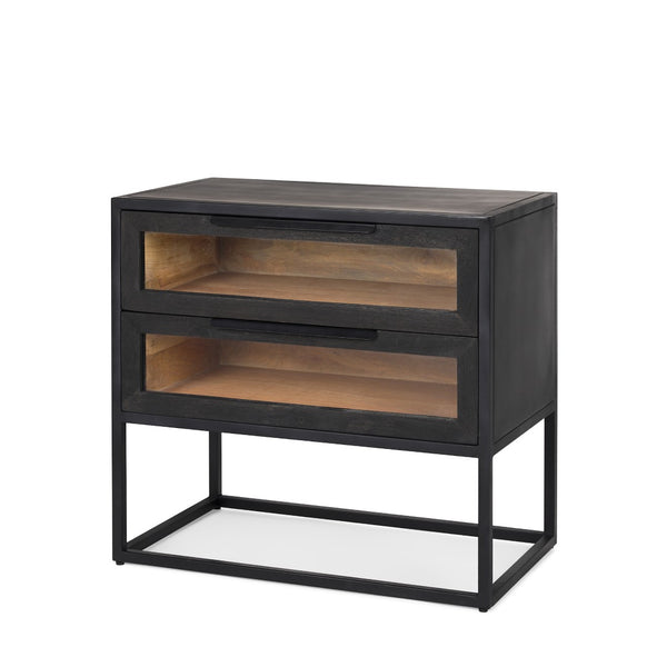 Mercana Sloan Contemporary Side Table with Industrial Design, Mango Wood, and Glass Accents for Modern Spaces 69888