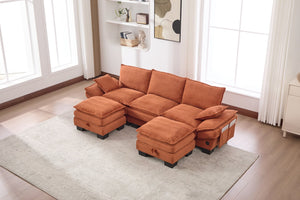 English Elm Sectional Cloud Sofa Modular Deep Seat Corduroy Upholstered Living Room Couch with Storage Orange W395S00132