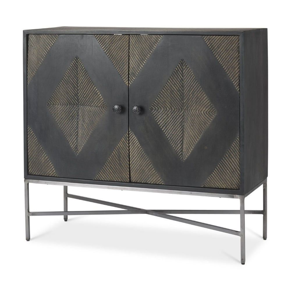 Mercana Hogarth 36-Inch Two-Door Accent Cabinet with Geometric Design for Modern Rustic Living Spaces Dark Brown & Black Wood | Silver Metal 69751