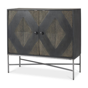 Mercana Hogarth 36-Inch Two-Door Accent Cabinet with Geometric Design for Modern Rustic Living Spaces Dark Brown & Black Wood | Silver Metal 69751
