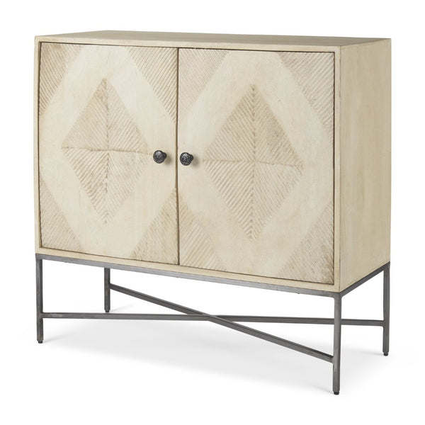 Mercana Hogarth 36-Inch Two-Door Accent Cabinet with Geometric Design for Modern Rustic Living Spaces Blonde Wood | Silver Metal 69752