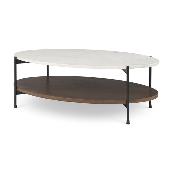 Mercana Larkin Two-Tier Coffee Table with Unique Marble Top and Solid Wood Shelf in Black Metal Frame White Marble | Dark Brown Wood | Oval 69978-AB
