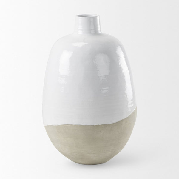 Mercana Amos Contemporary Color Blocked Ceramic Floor Vase – Sculptural Accent for Modern Spaces White and Beige Ceramic | 31.9H 69796