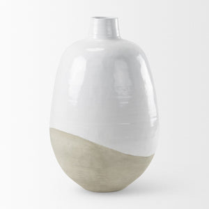 Mercana Amos Contemporary Color Blocked Ceramic Floor Vase – Sculptural Accent for Modern Spaces White and Beige Ceramic | 31.9H 69796