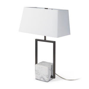 Mercana Peyton 14.0L x 9.0W x 26.2H Black Metal W/Marble Cube and White Shade Table Lamp 69701