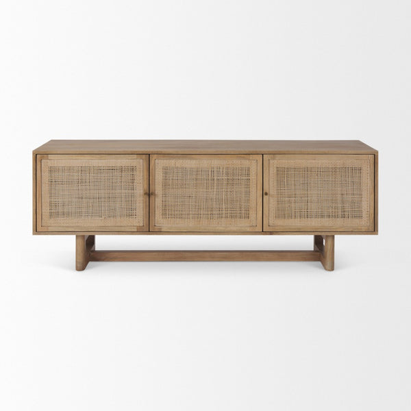 Mercana Grier 65" Rustic Mango Wood Media Console with Woven Cane Doors for Stylish Living Room Storage Light Brown Wood | Cane Accent 69896