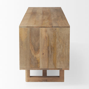 Mercana Grier 65" Rustic Mango Wood Media Console with Woven Cane Doors for Stylish Living Room Storage Light Brown Wood | Cane Accent 69896