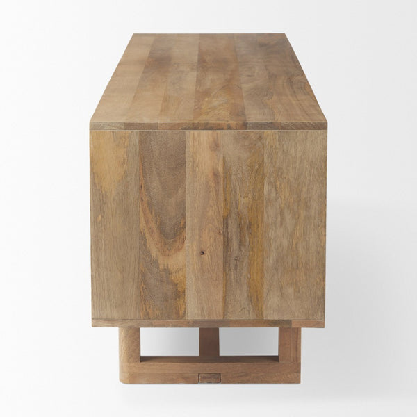 Mercana Grier 65" Rustic Mango Wood Media Console with Woven Cane Doors for Stylish Living Room Storage Light Brown Wood | Cane Accent 69896