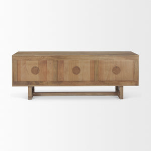 Mercana Grier 65" Rustic Mango Wood Media Console with Woven Cane Doors for Stylish Living Room Storage Light Brown Wood | Cane Accent 69896