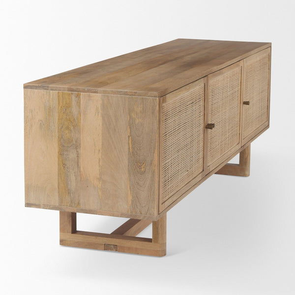 Mercana Grier 65" Rustic Mango Wood Media Console with Woven Cane Doors for Stylish Living Room Storage Light Brown Wood | Cane Accent 69896